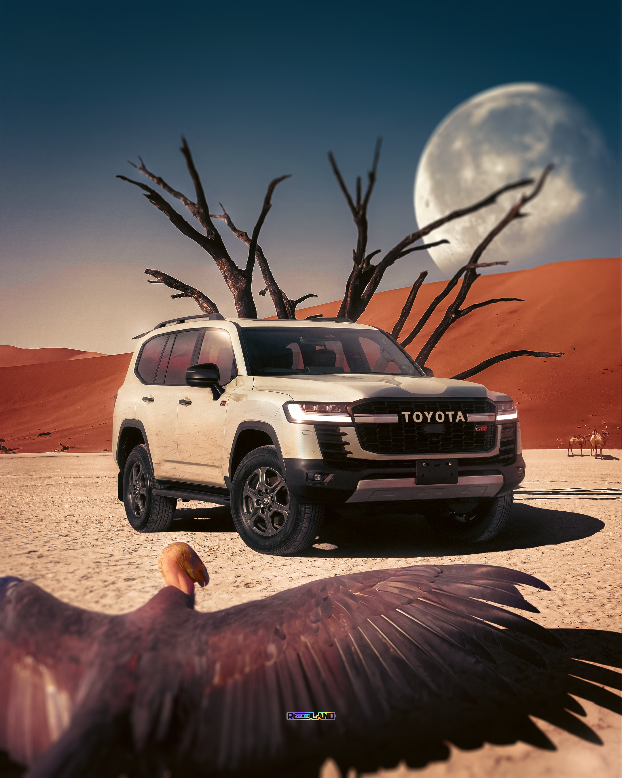 Toyota Land Cruiser en un paisaje desértico creado por Roland Studio